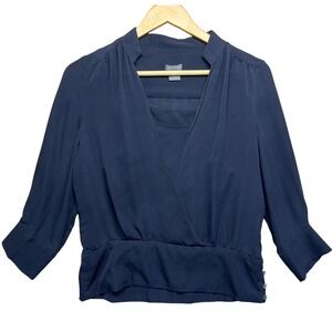 ANN TAYLOR Womens Navy Blue Faux Wrap V Neck 3/4 Sleeve Peplum Blouse Size 6